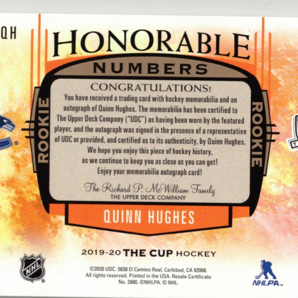 Quinn Hughes Rookie Patch Auto “Honorable Numbers” #40/43 - Image 2